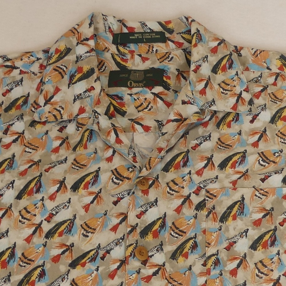 Orvis Fly Fishing All Over Print AOP Short Sleeve Button Up Shirt Men's Large
